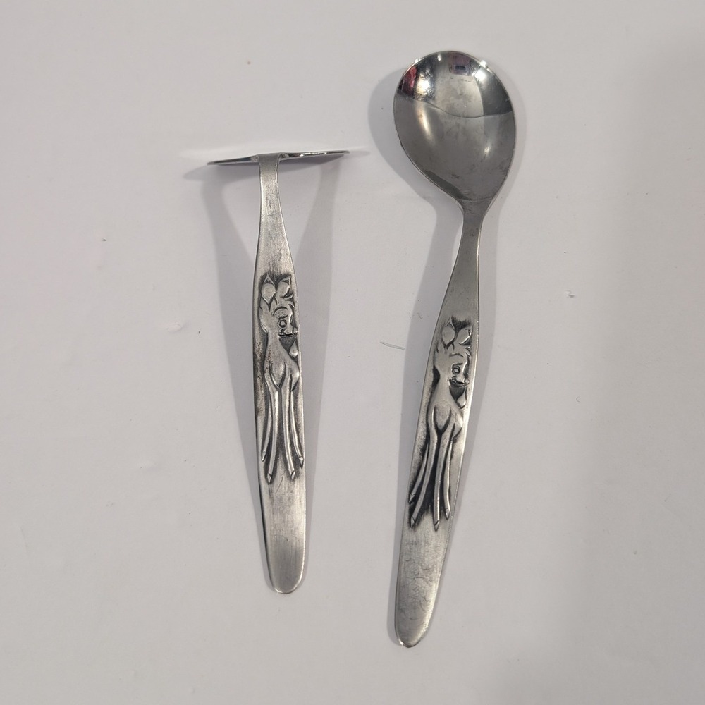 Vintage Disney Bambi Baby Spoon and Food Pusher Set Bonny Stainless Japan 2pc